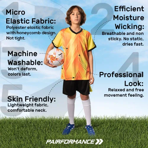 Miniatura 5 de PAIRFORMANCE Conjunto de camisetas de fútbol para niños y niñas de 6 a 12 años de edad, camisetas y pantalones cortos de fútbol para interiores