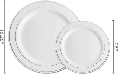 Miniatura 2 de Juego de vajilla plateada de 125 piezas, 50 platos de plástico con borde plateado, 25 platos de cena, 25 platos de postre, 25 cuchillos, 25