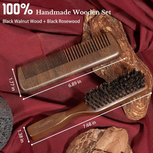 Miniatura 2 de GAINWELL Juego de peine de pelo para hombre, cepillo de cerdas de jabalí con cerdas rígidas para cabello grueso, mango de sándalo dorado de nogal