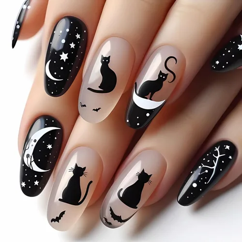 Miniatura 11 de Uñas postizas a presión de Halloween, uñas postizas cuadradas cortas con diseños de gato negro, acabado degradado brillante, cobertura completa