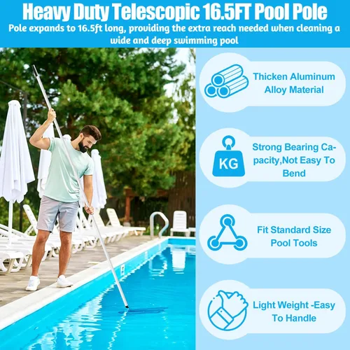 Miniatura 6 de YEECHUN Poste de piscina profesional de 16.5 pies telescópico de aluminio resistente, longitud ajustable de 6.5 a 16.5 pies, poste universal