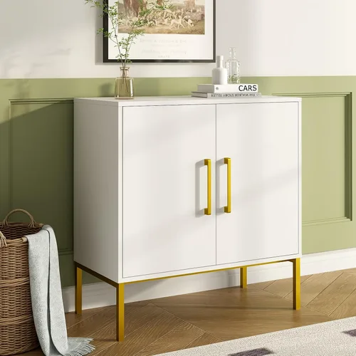 Miniatura 16 de JOZZBY Aparador de buffet con almacenamiento, gabinete de madera moderno con estantes ajustables, gabinetes negros y dorados para sala de estar