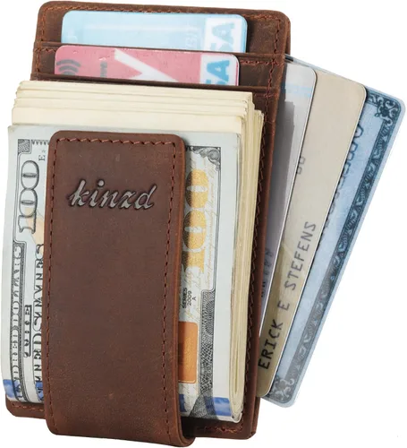 Miniatura 5 de kinzd Clip para dinero, billetera de bolsillo frontal, cartera delgada de cuero con bloqueo RFID fuerte imán