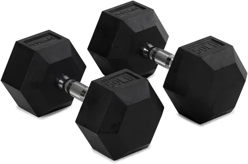 Miniatura 8 de Titan Fitness Pair Rubber Coated Hex Dumbbells, Roll-Resistant Hexagonal Free Weights, Chrome-Coated Handles with Knurling, Strength Training