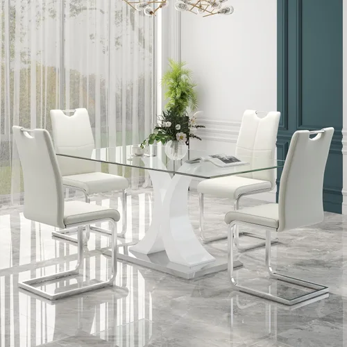 Miniatura 20 de Juego de comedor moderno de vidrio de lujo de 5 piezas, juego de cena rectangular minimalista grande para 4, juego de mesa de cocina de vidrio