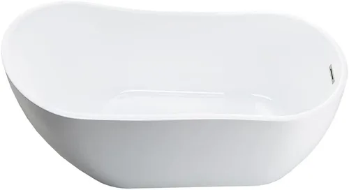 WOODBRIDGE Bañera de acrílico independiente de 59 pulgadas, bañera blanca de remojo contemporáneo con desbordamiento y drenaje de níquel cepillado,