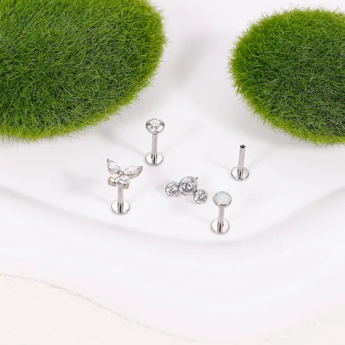 Miniatura 2 de NICEIGHT 4 aretes de titanio G23 de 16G sin rosca para labret Monroe, aretes hipoalergénicos para cartílago para orejas sensibles, espalda plana