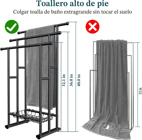 Miniatura 2 de Kayfia Toallero Independiente de 40 Pulgadas de Alto, Soporte de Acero Aleado de 3 Niveles con Canasta, Estante de Secado y Exhibición de Mantas