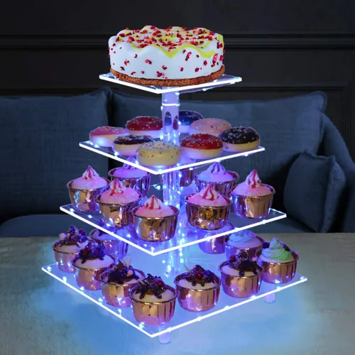 Miniatura 3 de weddingwish Soporte para cupcakes, soporte cuadrado de acrílico de 4 niveles con cadena de luces LED, torre de postre para pastelería