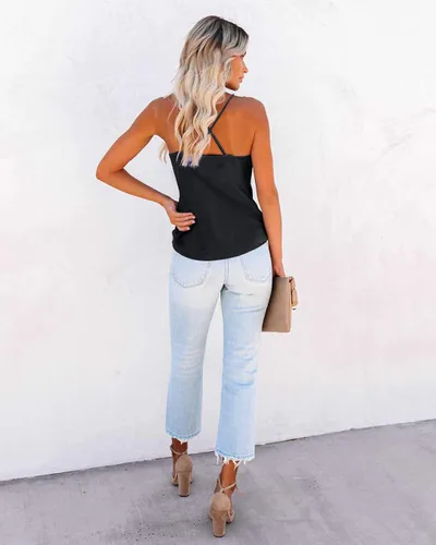 Miniatura 3 de Aoulaydo Camisola de satén con tirantes delgados y cuello en V para mujer, con cuello vuelto, camisola de seda, sin mangas