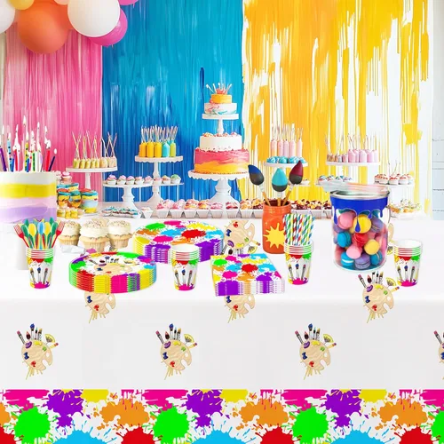 Miniatura 6 de APOWBLS Vajilla de decoración de fiesta de arte, suministros para fiestas de pintura, plato de papel, taza, servilleta, mantel, cubiertos, pintura