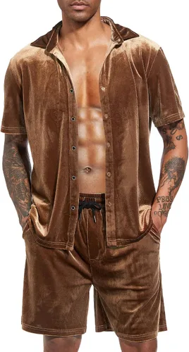 Miniatura 72 de LecGee Conjunto de pantalones cortos casuales de verano para hombre, camisa de terciopelo de manga corta con botones, pantalones cortos de cintura