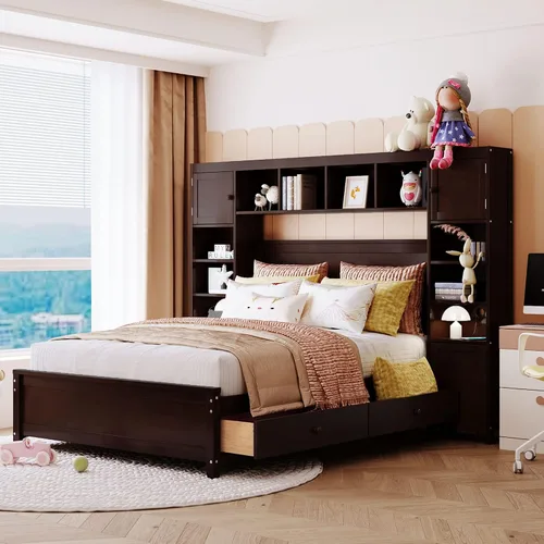 Miniatura 11 de RUNNA Elegante cama de plataforma de tamaño Queen con estantes extraíbles, cama de almacenamiento de madera con nido de tamaño individual