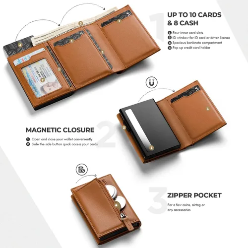 Miniatura 2 de VULKIT Cartera con tarjetero con bolsillo para monedas, cierre magnético, tarjetas desplegables con ventana para identificación, cartera de cuero