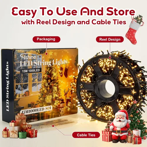 Miniatura 6 de Hishine Luces de Navidad de 49 pies, 1000 luces LED para exteriores, tira de luces para interiores, 8 modos, impermeable, enchufable, luz de árbol