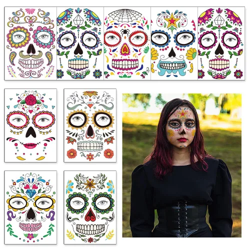9 hojas de tatuajes temporales para el Día de los Muertos Día de los Muertos, tatuaje temporal de La Catrina, tatuaje falso de calavera para mujeres