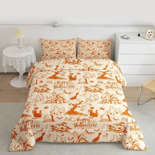 Miniatura 47 de Juego de edredón rosa con temática de Halloween, tamaño individual, edredón de farol de calabaza para adolescentes, juego de ropa de cama de Multi