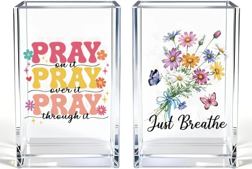 Just Breathe - Paquete de 2 portalápices cosméticos de acrílico, organizador de brochas de maquillaje inspirador, regalos de fe para mujeres,