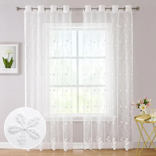 Miniatura 9 de WUBODTI Cortinas de encaje blanco de lujo de 63 pulgadas de largo, 2 paneles para dormitorio, bonitas cortinas bordadas florales de vid con ojales