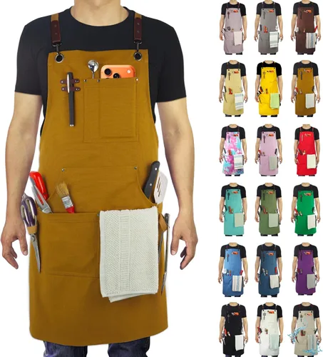 Miniatura 17 de Delantal de cocina, delantal de trabajo, lienzo, múltiples bolsillos, jardinería, pintura, barbacoa, artista, carpintero, tallas M a XXL, gris oscuro