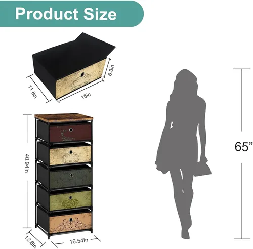 Miniatura 3 de VASICAR Mesita de noche con 5 cajones, organizador de almacenamiento de ropa, pequeña cómoda de tela para dormitorio, armario, entrada, pasillo