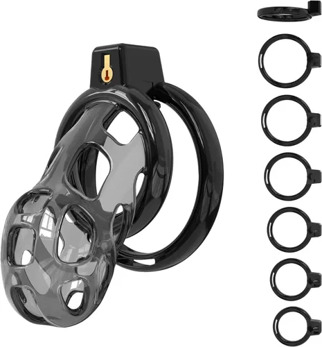 Miniatura 13 de Jaula de castidad masculina jaula suave para polla de castidad con 6 anillos, un catéter, dispositivos de castidad para hombres, ejercicios de pene