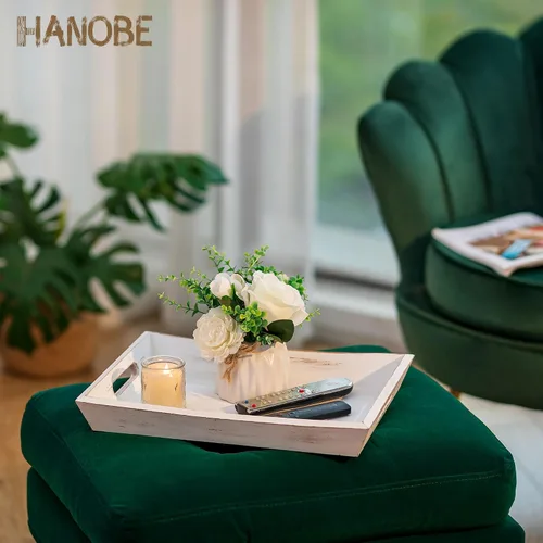 Miniatura 9 de Hanobe Bandeja decorativa de madera para servir: bandejas otomanas de madera rústica para mesa de café, bandeja rectangular con asas para sala