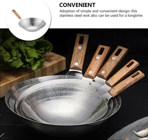 Miniatura 3 de Luxshiny Wok de acero inoxidable de 13.38 pulgadas con mango de madera, sartén de cocina para el hogar para freír vapor y olla caliente utensilios