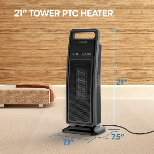 Miniatura 2 de ECOWELL Calentador de torre de 21 pulgadas, calentador eléctrico de cerámica de calentamiento rápido de 1500 W con control remoto, 3 modos