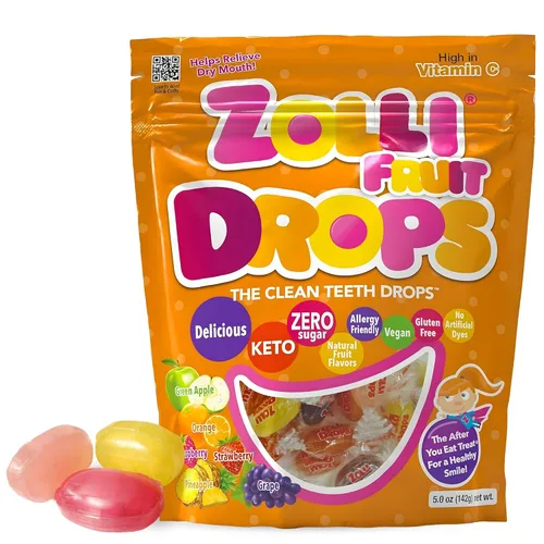 Zolli Fruit Drops Clean Teeth Candy sin azúcar con xilitol, sin colorantes, apto para dieta keto y diabética, golosinas aprobadas por dentistas para