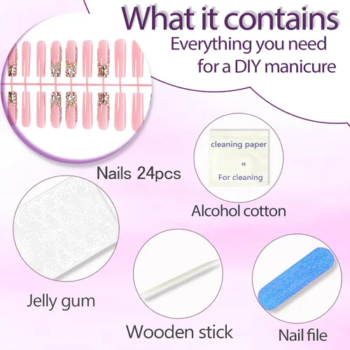 Miniatura 4 de 24 uñas acrílicas a presión, uñas postizas largas con forma de ataúd brillante, color rosa degradado, con diamantes de imitación y purpurina