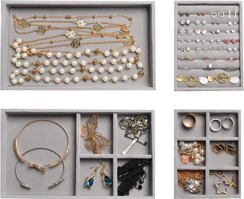 Miniatura 6 de Frebeauty Joyero de acrílico con 4 cajones, organizador de joyas transparente, anillos de terciopelo, collares, aretes, pulseras, vitrina, bandeja