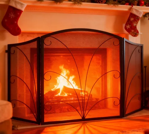 Miniatura 5 de Kingson - Pantalla para chimenea de 3 paneles con arco decorativo, hecha a mano, de hierro forjado con espiral, cubierta protectora contra chispas