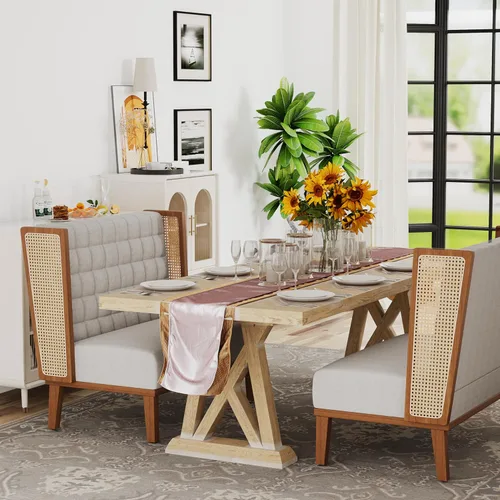 Miniatura 2 de Andeworld Banco de sofá biplaza con brazos de ratán, mini sofá tapizado moderno con respaldo alto, banco de comedor para banqueta para sala de Beige