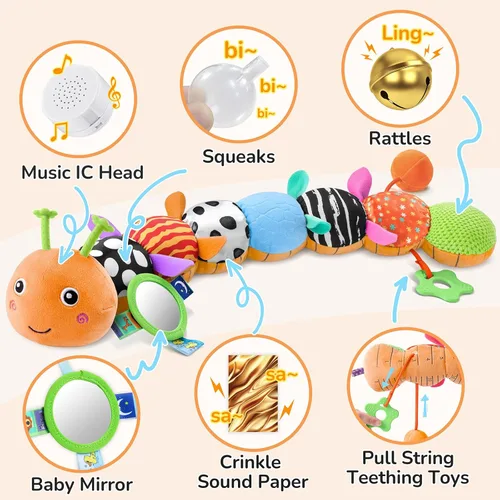 Miniatura 8 de Awotoy Baby Toys - Juguete musical de oruga interactivo multicolor para bebés, sonajero arrugado, suave con campana de anillo, juguete de peluche