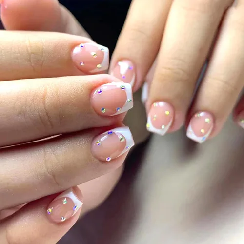 Uñas postizas cuadradas cortas de color nude, uñas postizas francesas blancas con diseño de diamantes de imitación, uñas brillantes a presión,