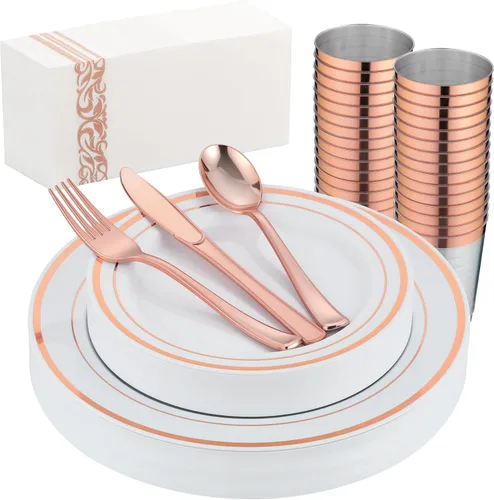 Miniatura 13 de Juego de vajilla de oro de 175 piezas para 25 invitados, platos desechables de plástico blanco con borde dorado resistentes para fiesta y boda
