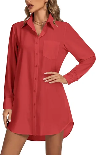Miniatura 11 de LYANER Vestido camisero para mujer con cuello en V, botones, manga larga y dobladillo curvado