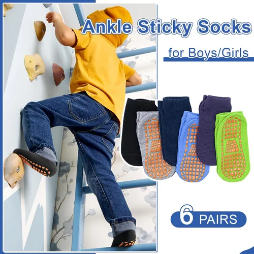 Miniatura 3 de HYCLES Calcetines antideslizantes para niños y niñas, calcetines adhesivos para el tobillo, calcetines antideslizantes para niños, 6 pares