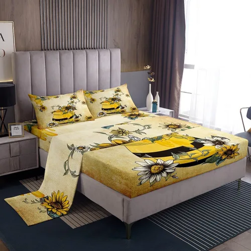 Miniatura 13 de Erosebridal Yellow Bee - Sábana bajera ajustable tamaño individual, sábanas de abeja de dibujos animados Kawaii para niños y niñas, juego de sábanas