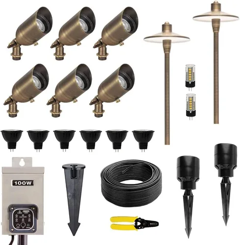 Kit de iluminación LED de latón de 12 V (6 focos al aire libre, 2 luces de camino) con transformador de bajo voltaje de 100 W para casa, patio,