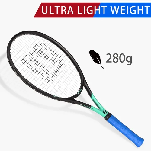 Miniatura 4 de Raqueta de tenis para adultos de 27 pulgadas, raqueta de tenis de fibra de carbono a prueba de golpes, ligera, pre-cordada y con empuñadura, Negro