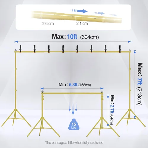Miniatura 2 de Kit de soporte para telón de fondo EMART de 10x7 pies (ancho x alto) para estudio fotográfico, soporte ajustable con 2 barras transversales, 8
