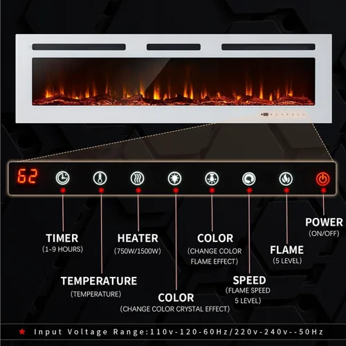 Miniatura 5 de Chimenea eléctrica de 60 pulgadas montada en la pared y empotrada con control remoto y panel táctil