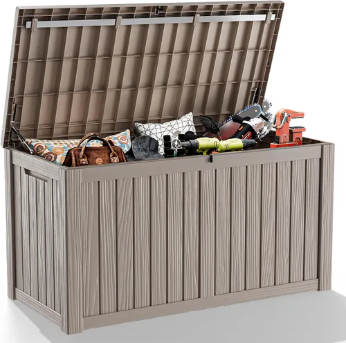 Miniatura 10 de EasyUp Caja de almacenamiento al aire libre de 30 galones, caja de resina para muebles, herramientas de jardín, cajas de almacenamiento exteriores