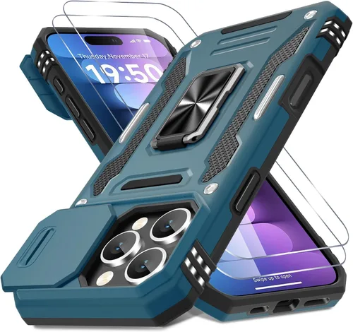 Miniatura 313 de DEERLAMN Funda para iPhone Xs Max con funda deslizante para cámara + protector de pantalla, soporte giratorio de anillo de grado militar a prueba