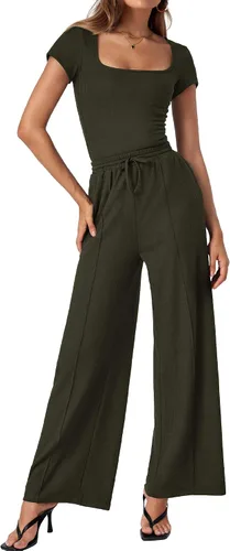 Miniatura 2 de BTFBM Conjunto casual de 2 piezas para mujer, con cuello cuadrado, manga corta, con cordón, pantalones de punto, a juego