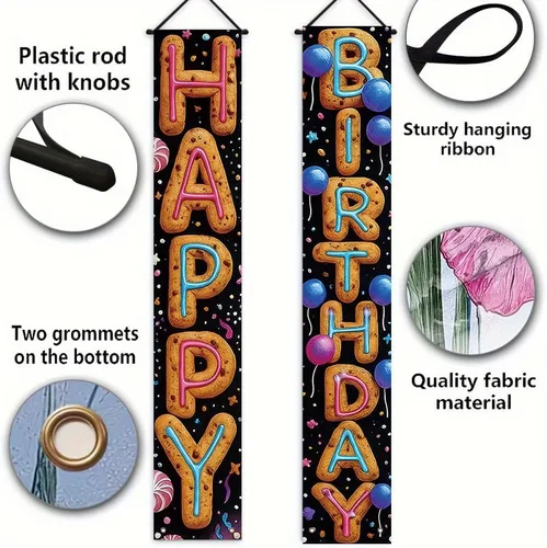 Miniatura 6 de Cartel decorativo de feliz cumpleaños de 12 x 71 pulgadas, bonito cartel colgante para puerta de cumpleaños, suministros de fiesta coloridos