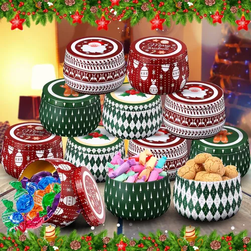 Miniatura 3 de Uiifan 48 latas de velas de Navidad, velas de metal para galletas, tarros de lata con tapas, latas retro de 8 onzas, recipientes redondos