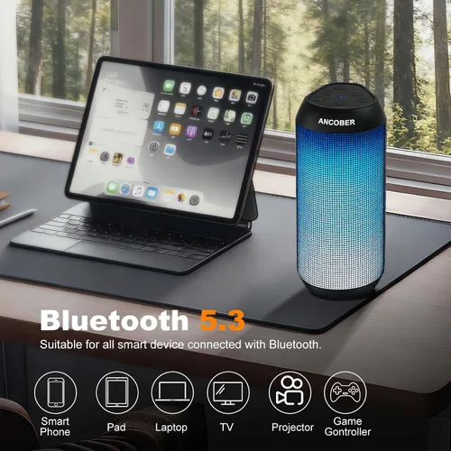 Miniatura 6 de Altavoz Bluetooth portátil, potente sonido estéreo HD, IPX4 impermeable, hasta 36 horas de reproducción, 8 modos de luz LED fría, emparejamiento
